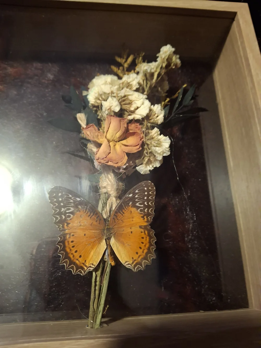 Decorative Framed Dried Flower and Butterfly Wall Art - Set of 2 - Natural Wood